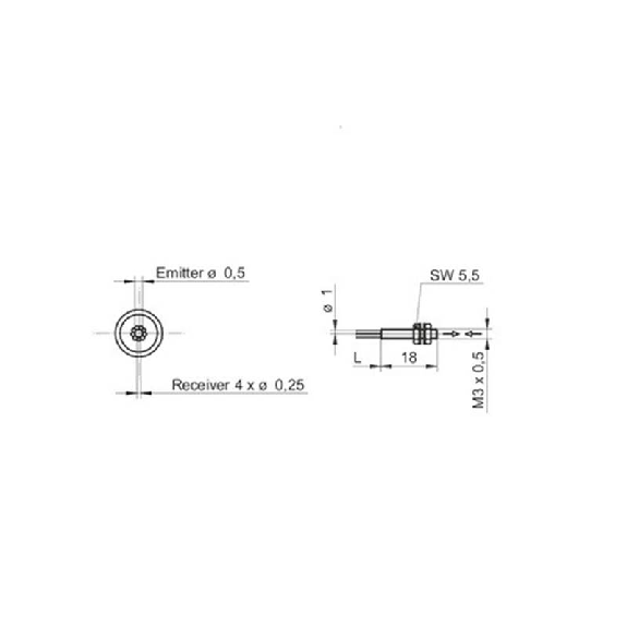 Fibre opt. directe coaxiale, plast., tête M3x18mm Pmax=90mm, 2m Fibre opt. directe coaxiale, plast., tête M3x18mm Pmax=90mm, 2m-Lire la description