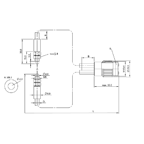 Fibre optique, verre, barrage, Ø1mm, tête M5, lg3m Fibre optique, verre, barrage, Ø1mm, tête M5, lg3m-Lire la description
