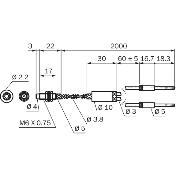 Fibre opt. directe coaxiale, verre, tête M6 laiton, 100 °C, 2m-Lire la description