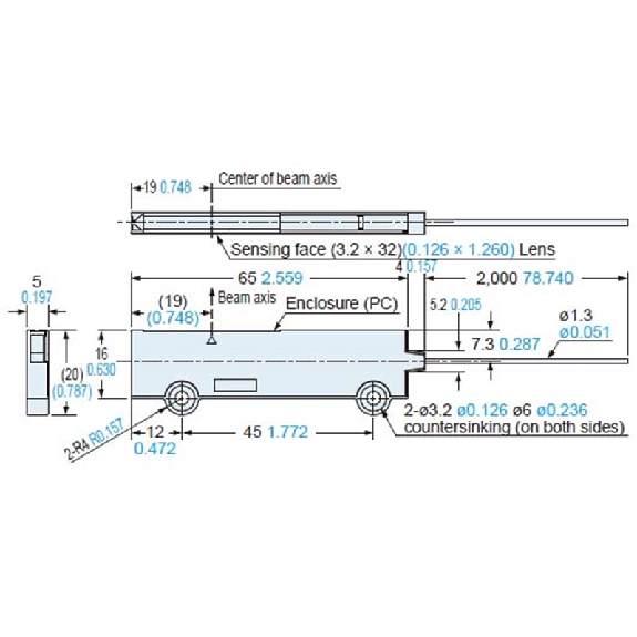 Fibre opt. Barrage, tête 5x69x20mm latérale, 2m, IP40 Fibre opt. Barrage, tête 5x69x20mm latérale, 2m, IP40-Lire la description