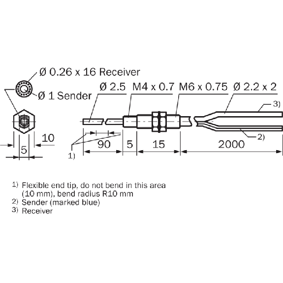 Fibre opt. directe, plast., tête M6 inox, 2m-Lire la description