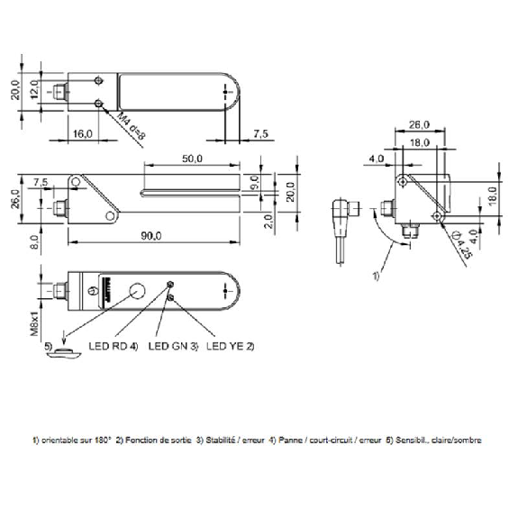 Fourche opt. U PNP/NPN P=2mm Prof=50mm Led R/V LO/DO / M08 4P-Lire la description