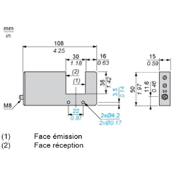 Fourche opt. U PNP/NPN E=30mm Prof=30mm 24Vdc / M08 4P Fourche opt. U PNP/NPN E=30mm Prof=30mm 24Vdc / M08 4P-Lire la description