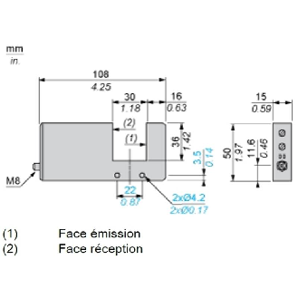 Fourche opt. U PNP/NPN E=30mm Prof=30mm 24Vdc / M08 4P-Lire la description