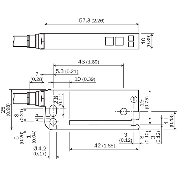 Fourche opt. U NPN E=3mm Prof=42mm IR LO/DO / Câble 2m-Lire la description
