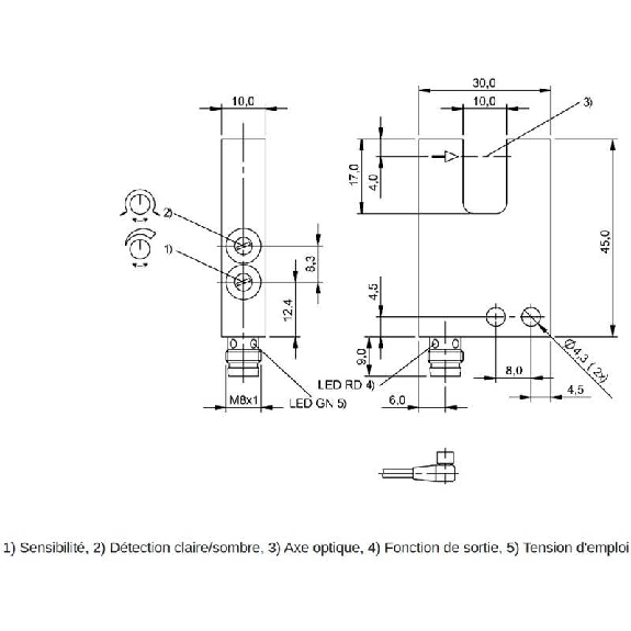 Fourche opt. U PNP E=10mm Prof=13mm Pot. IR LO/DO 10-30Vdc / M08A 3P-Lire la description