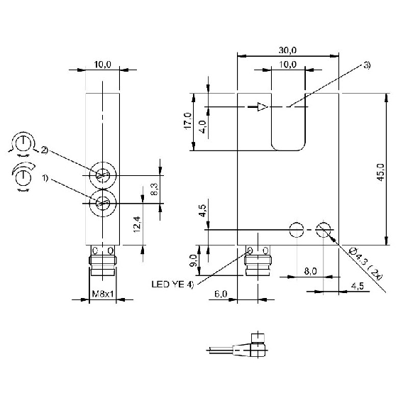 Fourche opt. U PNP E=10mm Prof=13mm Pot. LR LO/DO 10-30Vdc / M08A 3P-Lire la description
