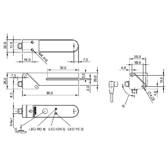 Fourche opt. U PNP/NPN P=2mm Prof=50mm Led IR LO/DO / M08 4P-Lire la description