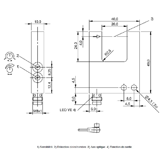 Fourche opt. U NPN E=20mm Prof=20mm Pot. LR LO/DO 10-30Vdc / M08 3P-Lire la description