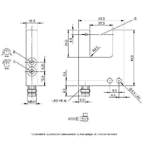 Fourche opt. U PNP E=20mm Prof=20mm Pot. LR LO/DO 10-30Vdc / M08 3P-Lire la description