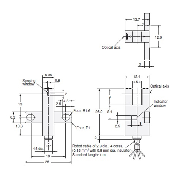 Micro Fourche opt. U PNP E=5mm Prof=9mm IR LO/DO 5-24Vdc, câble 1m-Lire la description