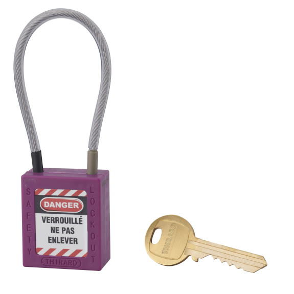 Cadenas de consignation LOTO Lockout Tagout 38 mm câble inox gainé Ø 4,76 x 150 mm - 1 clé violet-Lire la description