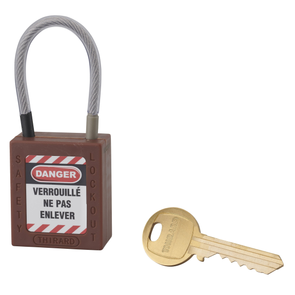 Cadenas de consignation LOTO Lockout Tagout 38 mm câble inox gainé Ø 4,76 x 90 mm - 1 clé marron-Lire la description