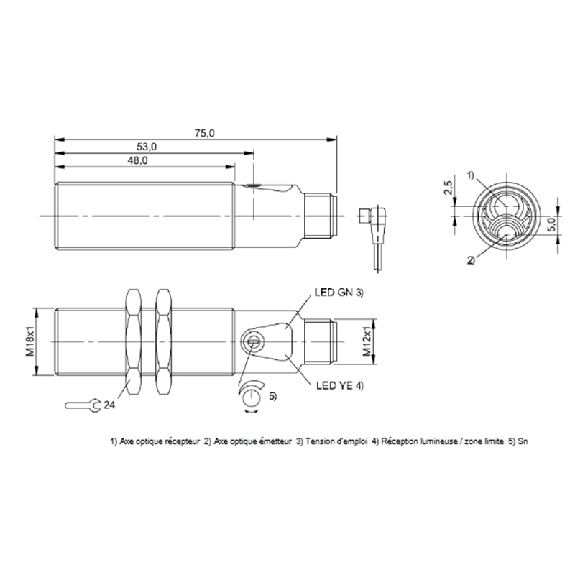 Cellule Directe M18 PNP P=600mm Pot. LR LO/DO Laiton Axial / M12 4P-Lire la description