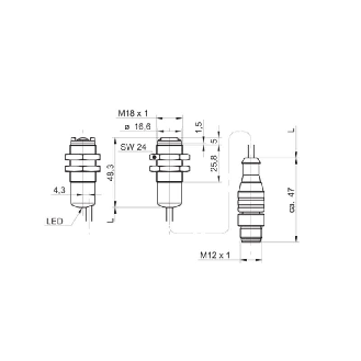 Cellule EAP M18 PNP P=50mm Pot. LR LO/DO Inox Axial / M12 4P+C0.1m-Lire la description