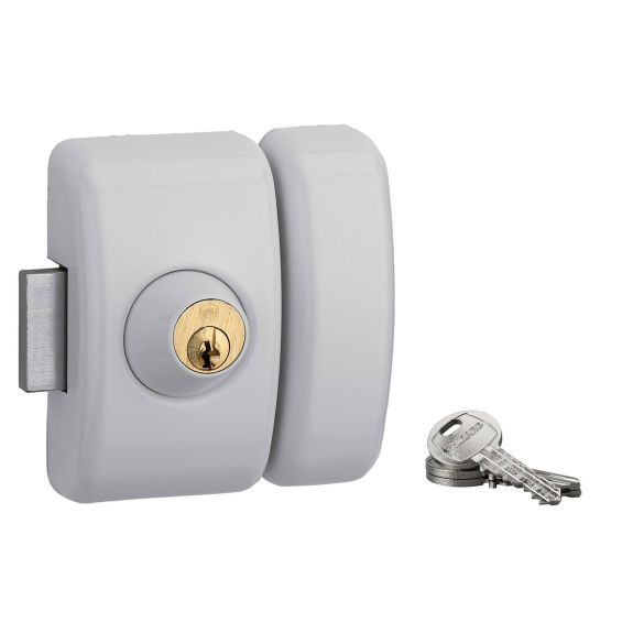 Verrou pour porte d'entrée vitrée Universel 5 goup. 45 mm blanc 3 clés-Lire la description