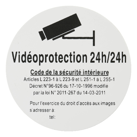 Plaque signalétique Ø 80mm vidéoprotection 24/24" avec adhésif"-Lire la description