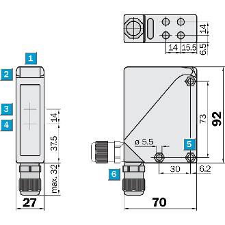 Cellule Bar. reflex PNP/NPN P=22m Pot. LR Alarme E.test / Bornes-Lire la description