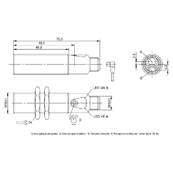 Cellule Directe M18 PNP P=600mm Pot. LR LO Laiton Axial / M12 4P-Lire la description