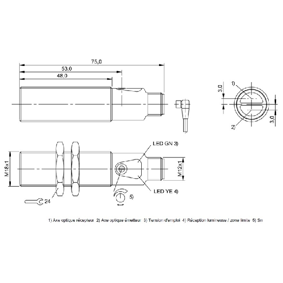 Cellule Bar. reflex M18 PNP P=7m Pot. LR DO Laiton Axial / M12 4P-Lire la description