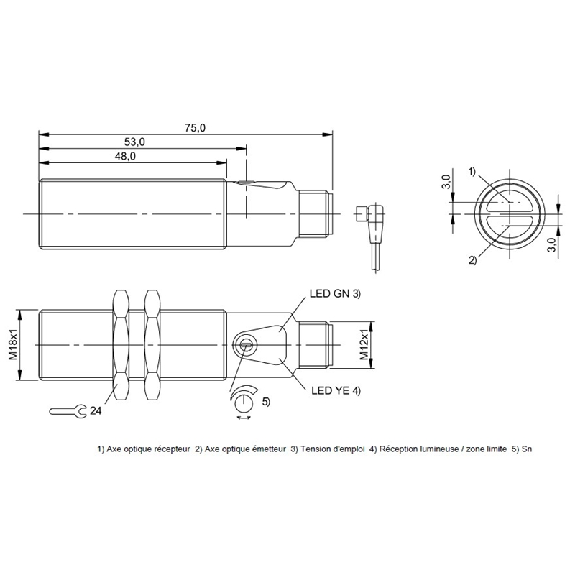 Cellule Bar. reflex M18 PNP P=7m Pot. LR LO/DO Laiton Axial / M12 4P-Lire la description