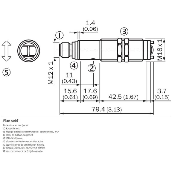 Cellule EAP M18 PNP P=130mm Pot. DO Métal Axial / M12 4P-Lire la description