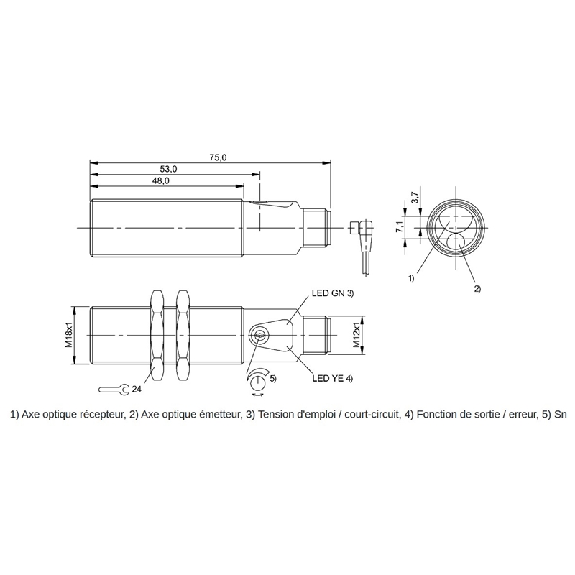 Cellule EAP M18 PNP P=150mm Pot. Laser LO/DO Laiton Axial / M12 4P-Lire la description