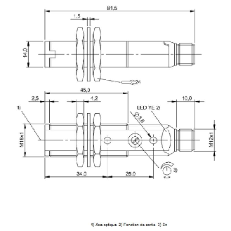 Cellule Directe M18 PNP P=350mm Pot Laser LO/DO Plast. Axial / M12 4P-Lire la description