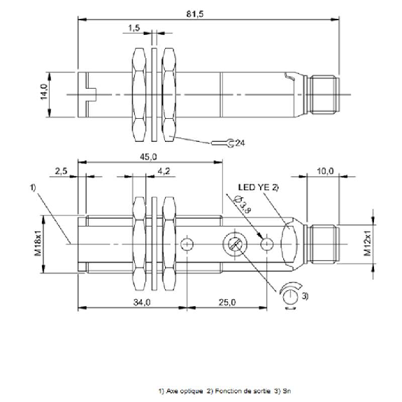 Cellule Directe M18 PNP P=350mm Pot Laser LO/DO Plast. Axial / M12 4P-Lire la description