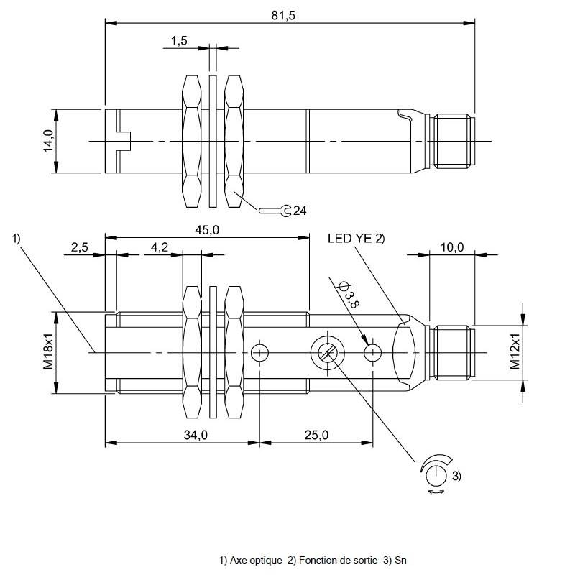 Cellule Barrage (R) M18 P=50m Pot Laser LO/DO Axial 10-30Vdc / M12 4P-Lire la description