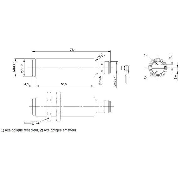 Cellule Bar. reflex M18 PNP P=5m LR LO Axial Inox / M12 4P-Lire la description