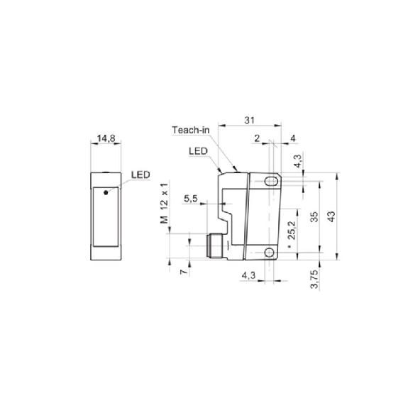 Cellule Bar. reflex PNP P=10m Teach Laser LO/DO 31*43*14 / M12 4P-Lire la description