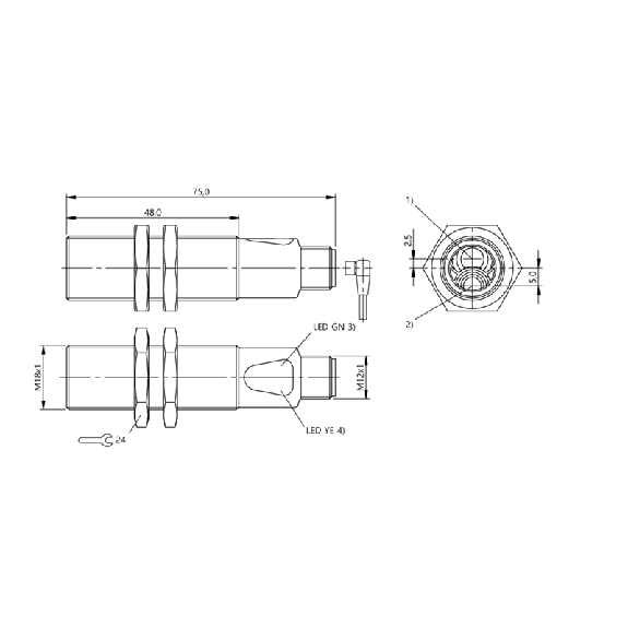 Cellule Directe PNP P=100mm IR LO Laiton Axial / M12 4P-Lire la description