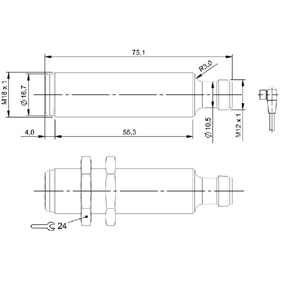 Cellule Barrage (R) M18 PNP P=20m LR LO/DO Inox Axial / M12 4P-Lire la description