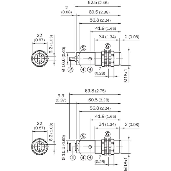 Cellule Directe M18 PNP P=500mm Pot. LR LO Plast. Axial / M12 4P-Lire la description