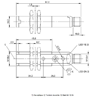 Cellule Bar. reflex M18 NPN P=4,5m Pot. LO/DO Plast. Axial / M12 4P-Lire la description