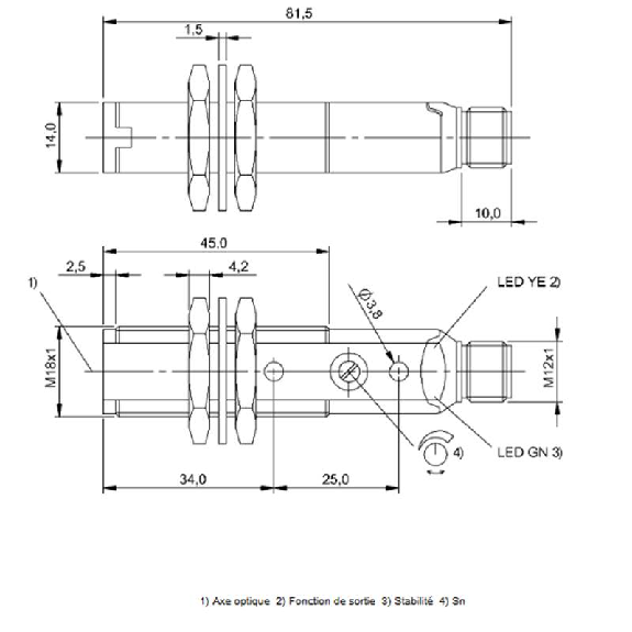 Cellule Bar. reflex M18 NPN P=4,5m Pot. LO/DO Plast. Axial / M12 4P-Lire la description
