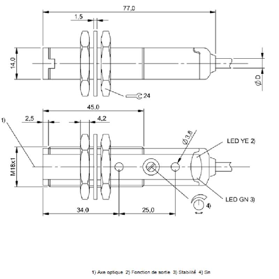 Cellule Bar. reflex M18 NPN P=4,5m Pot. LO/DO Plast. Axial / Câble 2m-Lire la description