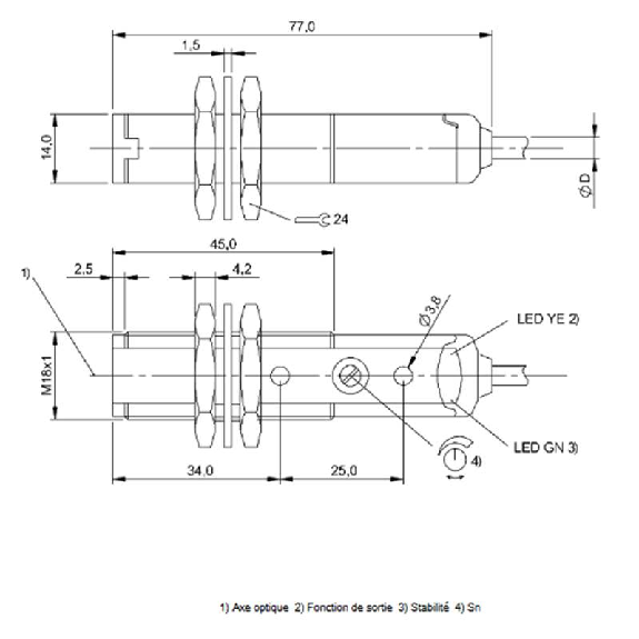 Cellule Directe M18 NPN P=700mm Pot. IR LO/DO Plast. Axial / Câble 2m-Lire la description