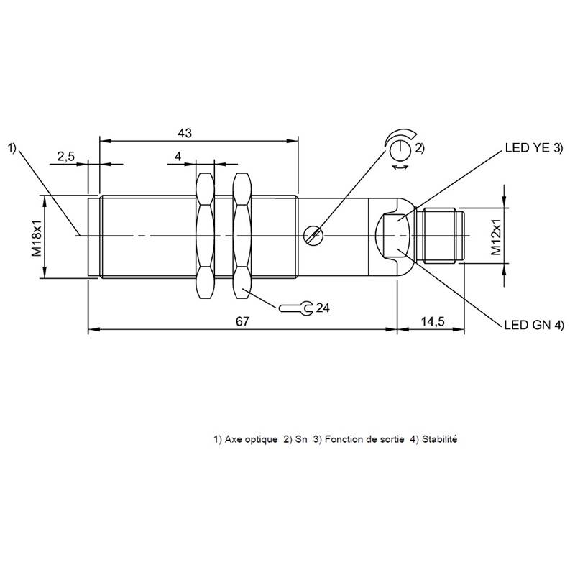 Cellule Directe M18 PNP P=350mm Laser LO/DO Laiton Axial / M12 4P-Lire la description