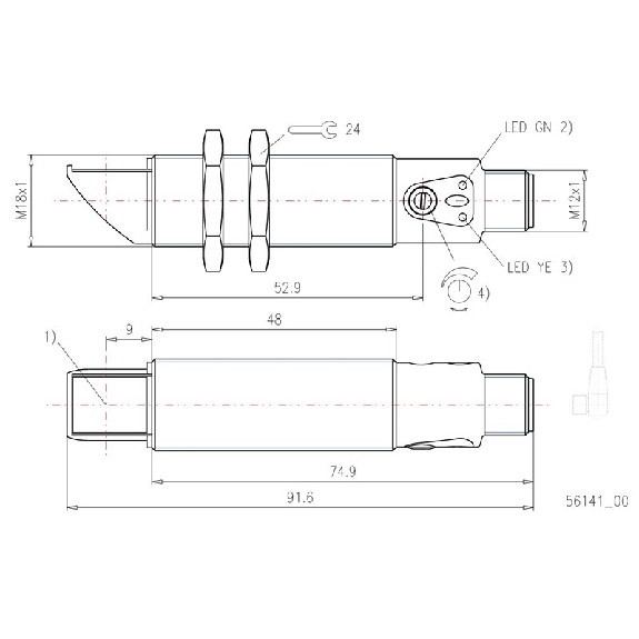 Cellule Barrage (R) M18 PNP P=20m Pot LR LO/DO Laiton Radial / M12 4P-Lire la description