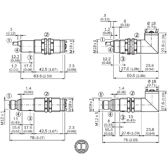 Cellule Bar. reflex M18 PNP P=3.7m Pot. LR LO Plast. Radial / M12 4P-Lire la description