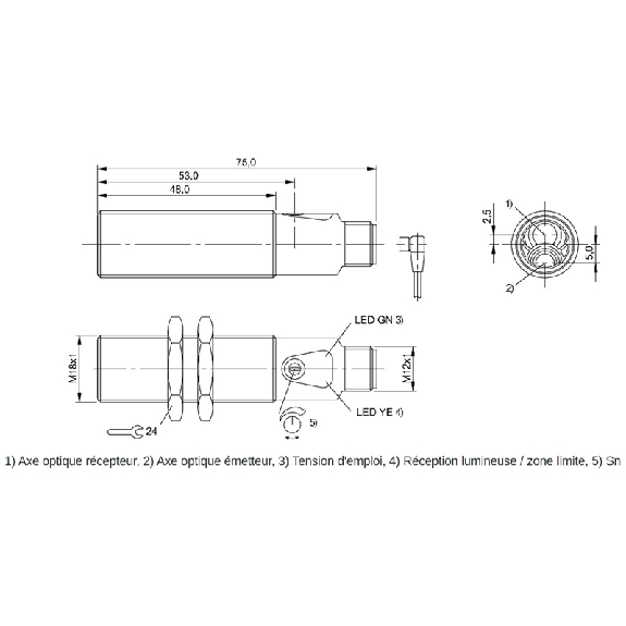 Cellule Directe M18 NPN P=800mm Pot. IR LO/DO Laiton Axial / M12 4P-Lire la description