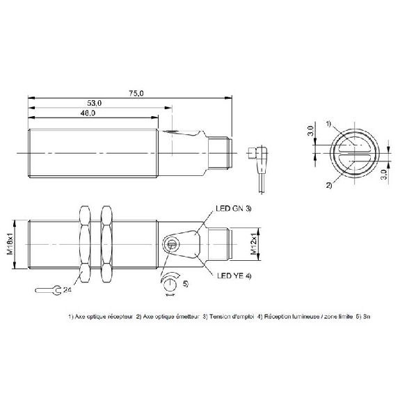 Cellule Bar. reflex M18 PNP P=7m Pot. LR LO Laiton Axial / M12 4P-Lire la description
