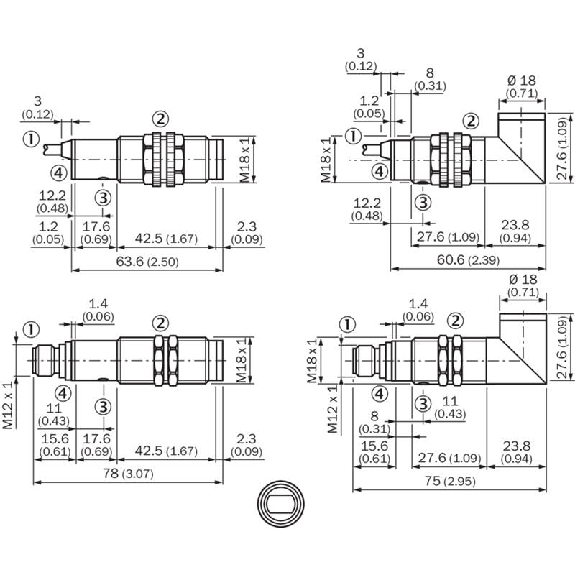 Cellule AAP M18 NPN P=50mm Pot. IR LO/DO Métal Axial / M12 4P-Lire la description