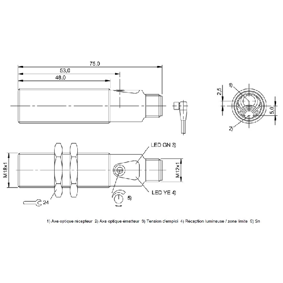 Cellule Directe M18 PNP P=300mm Pot. LR LO Laiton Axial / M12 4P-Lire la description