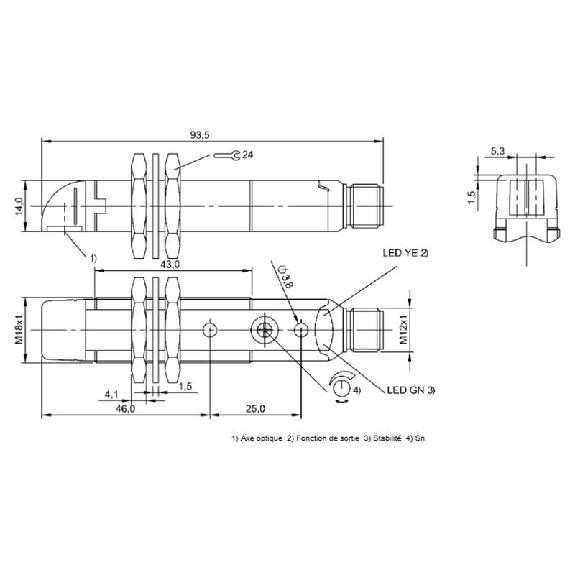 Cellule Directe M18 NPN P=400mm Pot. IR LO/DO Plast. Radial / M12 4P-Lire la description