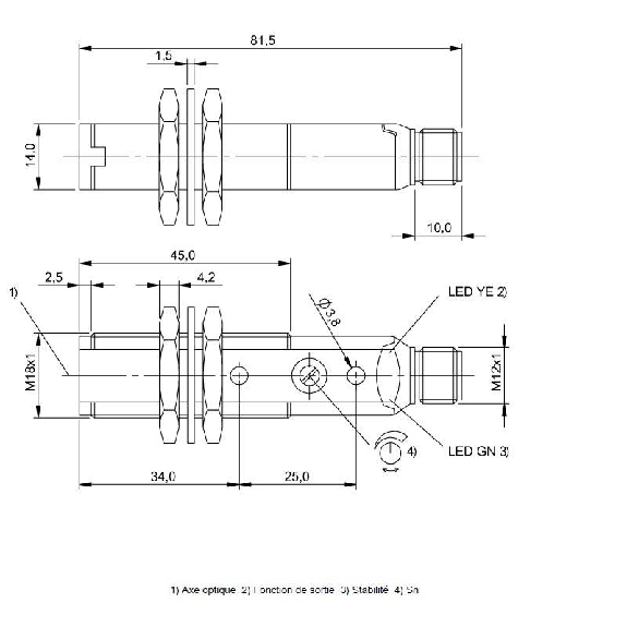 Cellule Bar. reflex M18 PNP P=4,5m Pot IR LO/DO Plast. Axial / M12 4P-Lire la description