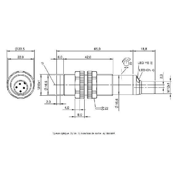 Cellule Directe M18 PNP P=350mm Laser LO Plast. Axial / M12 4P-Lire la description