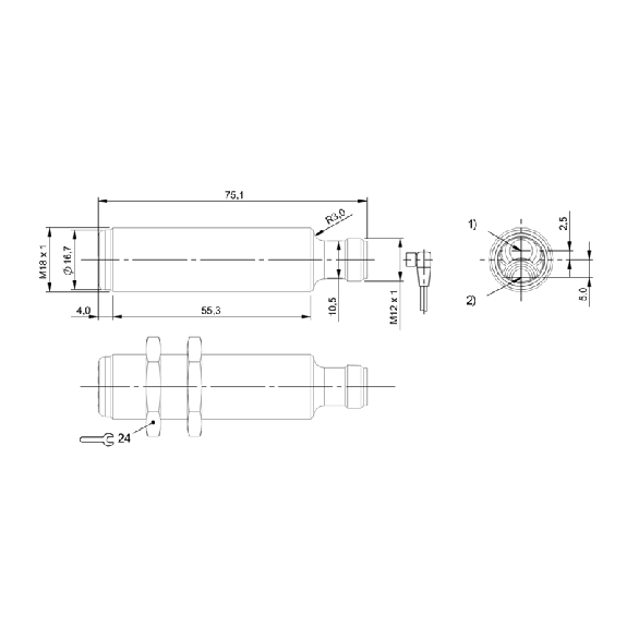 Cellule Directe M18 PNP P=250mm Pot. LR LO/DO Inox Axial / M12 4P-Lire la description